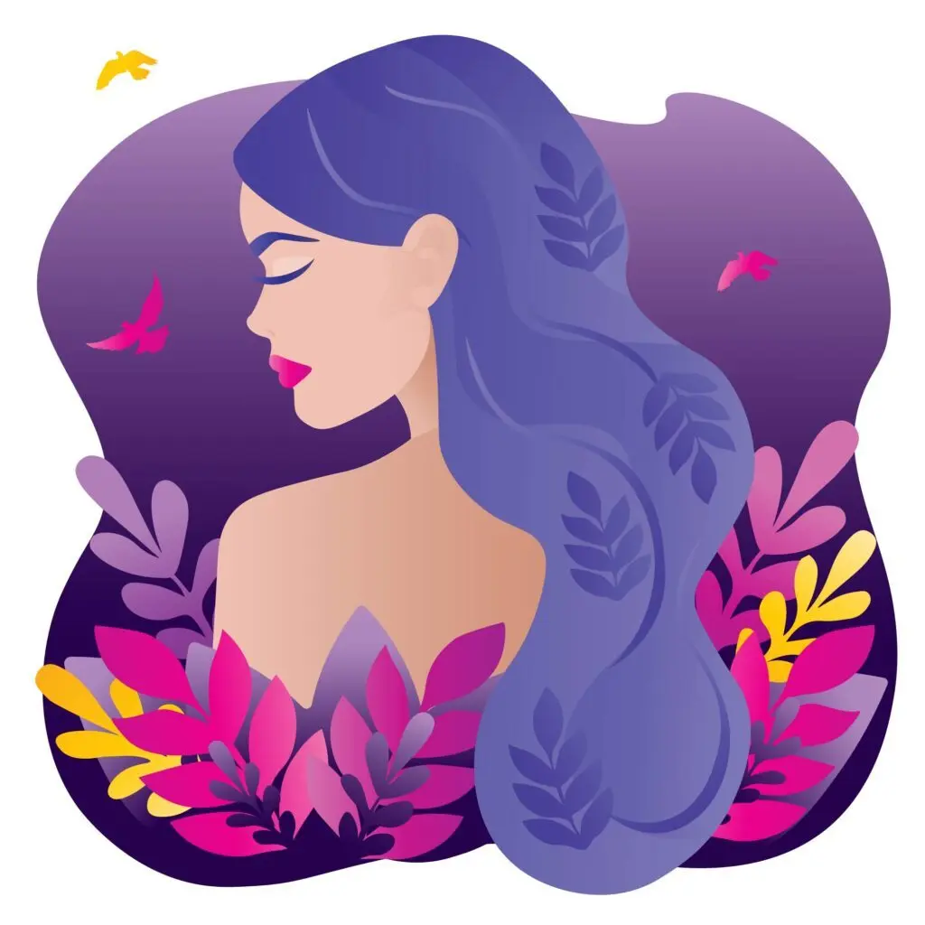 Colorful digital illustration of a woman with long flowing purple hair decorated with leaf patterns, surrounded by vibrant pink, purple, and yellow foliage with small birds flying around.