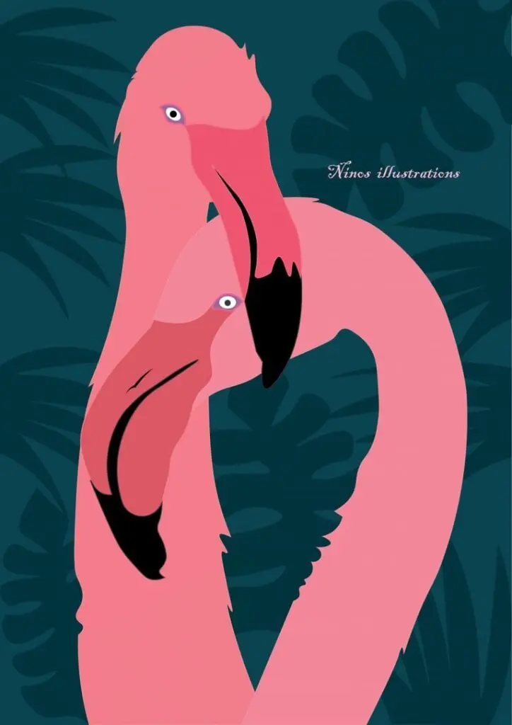 Stylized digital illustration of two pink flamingos with curved necks intertwined, set against a dark teal background with leaf patterns