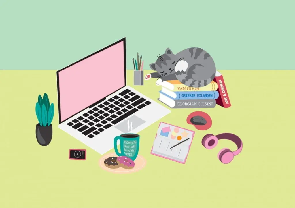 Illustration of a cozy freelance workspace with an open laptop, coffee mug, donuts, headphones, art supplies, and a cat sleeping on a stack of books.