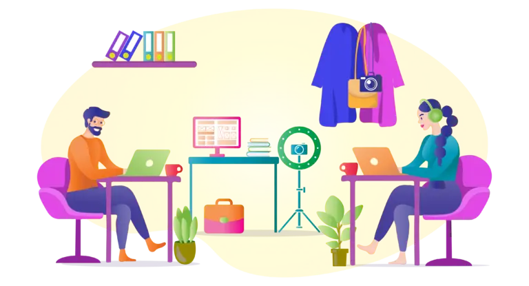 Colorful illustration of two people working on laptops in a creative workspace, with books, plants, coats, a camera, and video equipment around them, symbolizing modern graphic design and digital content creation.