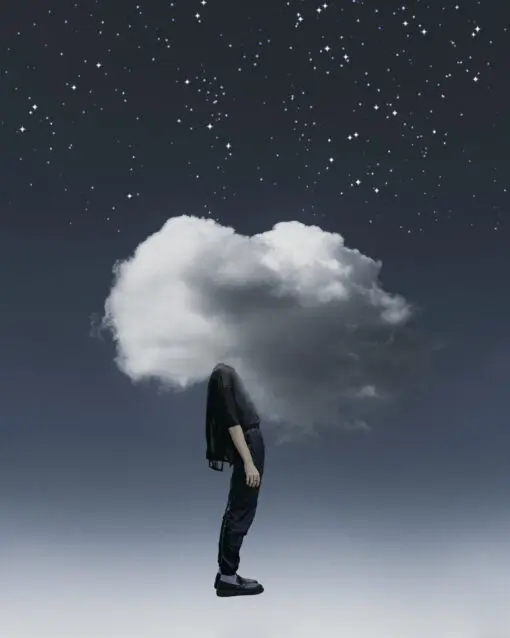 Surreal digital artwork of a person standing under a starry night sky with their head replaced by a large cloud, symbolizing imagination, dreams, or a clouded mind.