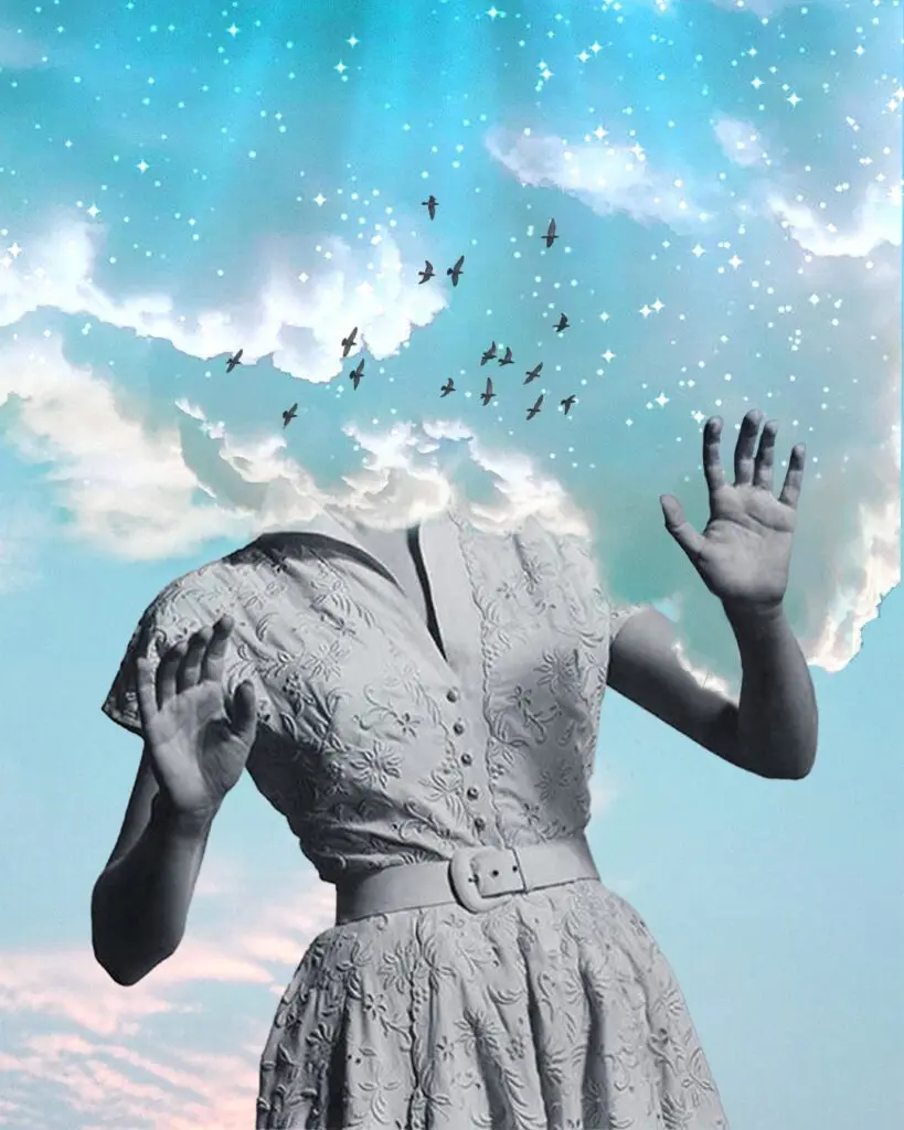 Surreal digital artwork of a headless woman in a patterned dress, with clouds, birds, and a starry sky emerging from her neck, symbolizing imagination and dreamlike creativity.