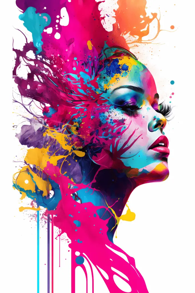 Vibrant digital artwork of a woman’s face blending with splashes of colorful paint in pink, blue, yellow, and purple, symbolizing creativity, imagination, and artistic expression.