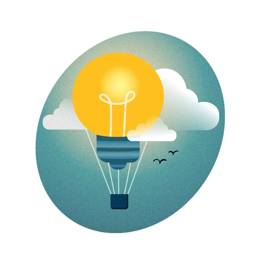 Illustration of a glowing light bulb designed as a hot air balloon, floating among clouds with birds in the sky, symbolizing creativity and inspiration.
