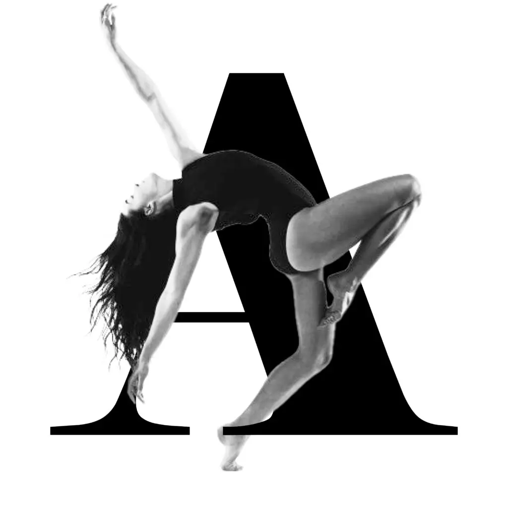 Black and white artistic composition of a female dancer in a graceful leap, overlaid on a bold letter “A” for a striking visual design.