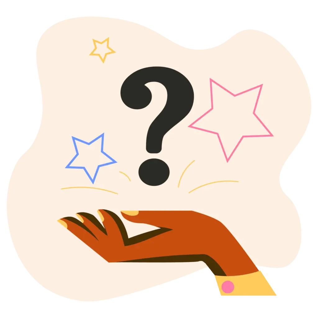 Illustration of a hand holding up a large black question mark, surrounded by colorful outlined stars on a light background, symbolizing curiosity or uncertainty.
