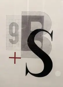Abstract Bauhaus-style typography artwork combining geometric shapes, a grid with the number 9, a large gray letter B, a bold black letter S, and a red plus sign.