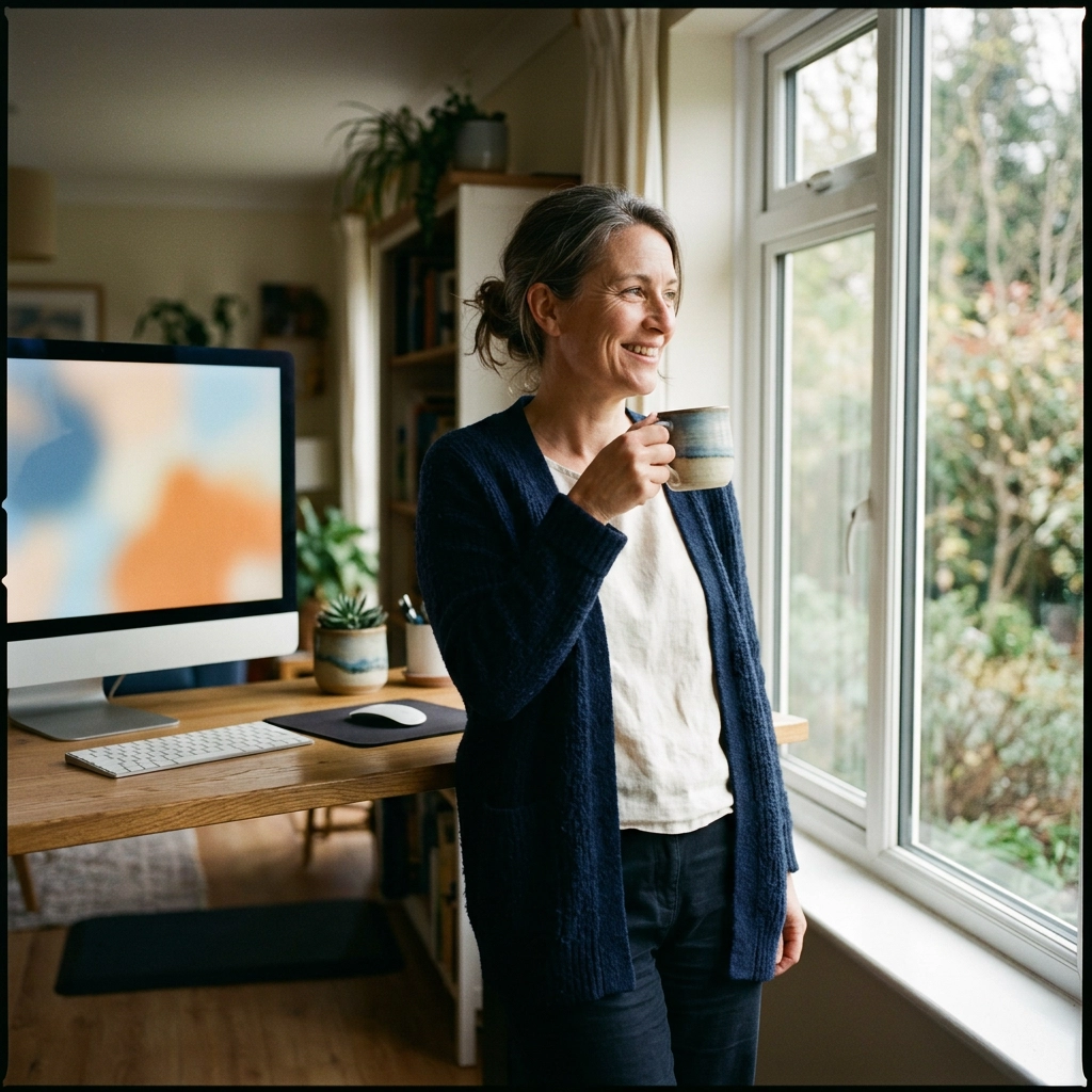 Smiling woman standing by a sunlit window, holding a striped mug in a home office with a computer on a wooden desk.