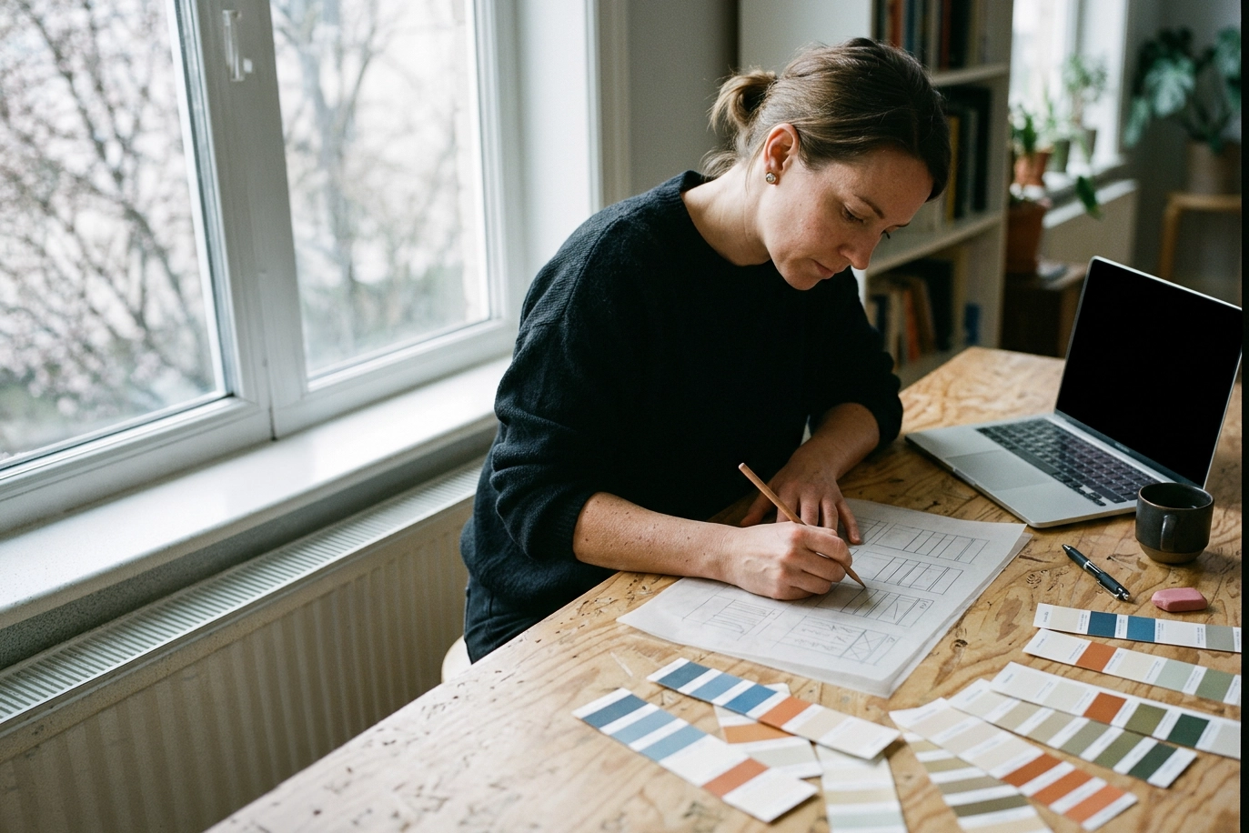 Woman sketching design plans at a wooden table with color swatches, a laptop, and a mug nearby.